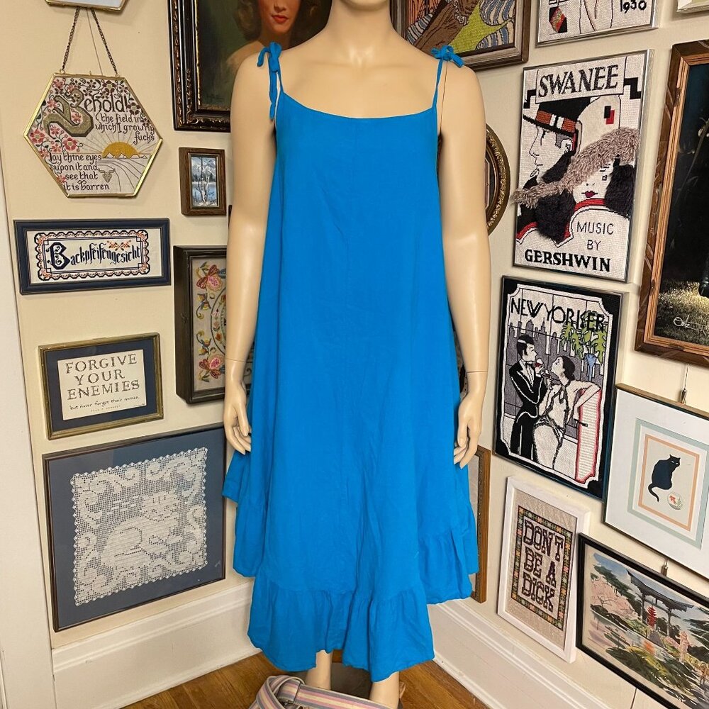 Aries & Taurus Blue 100% Cotton Sleeveless Ruffle Hem Dress w/ Adjustable Straps